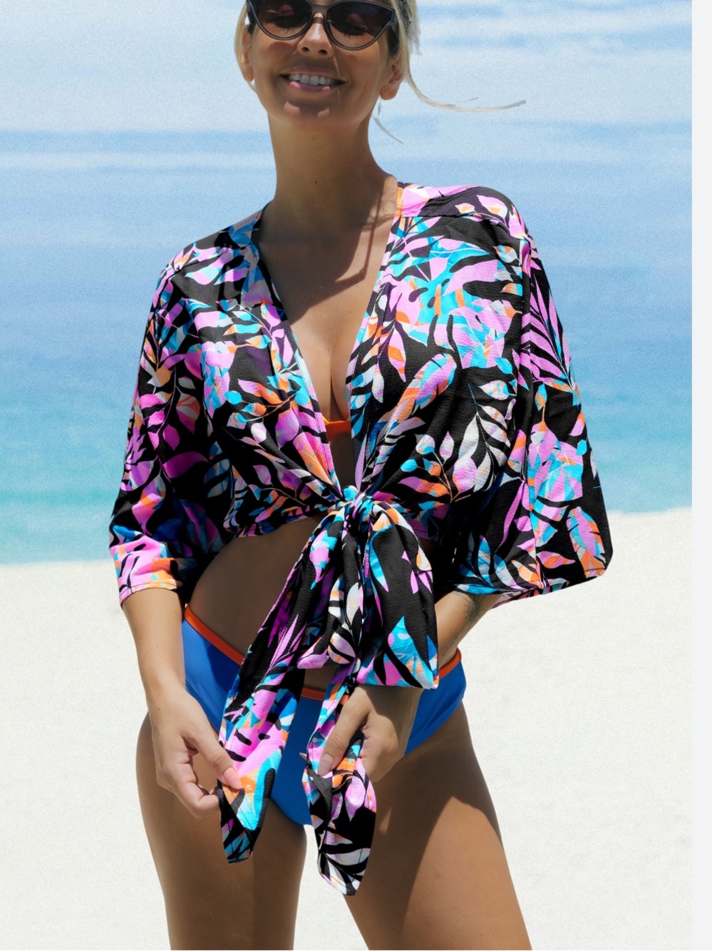Tropical Tie-Waist Beach Cover-Up in Black with Pink, Blue & Orange Leaf Print